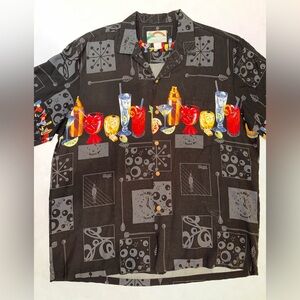 Paradise Found Hawaiian Shirt Mens XL Black AOP Cocktail Happy Hour Vintage EUC